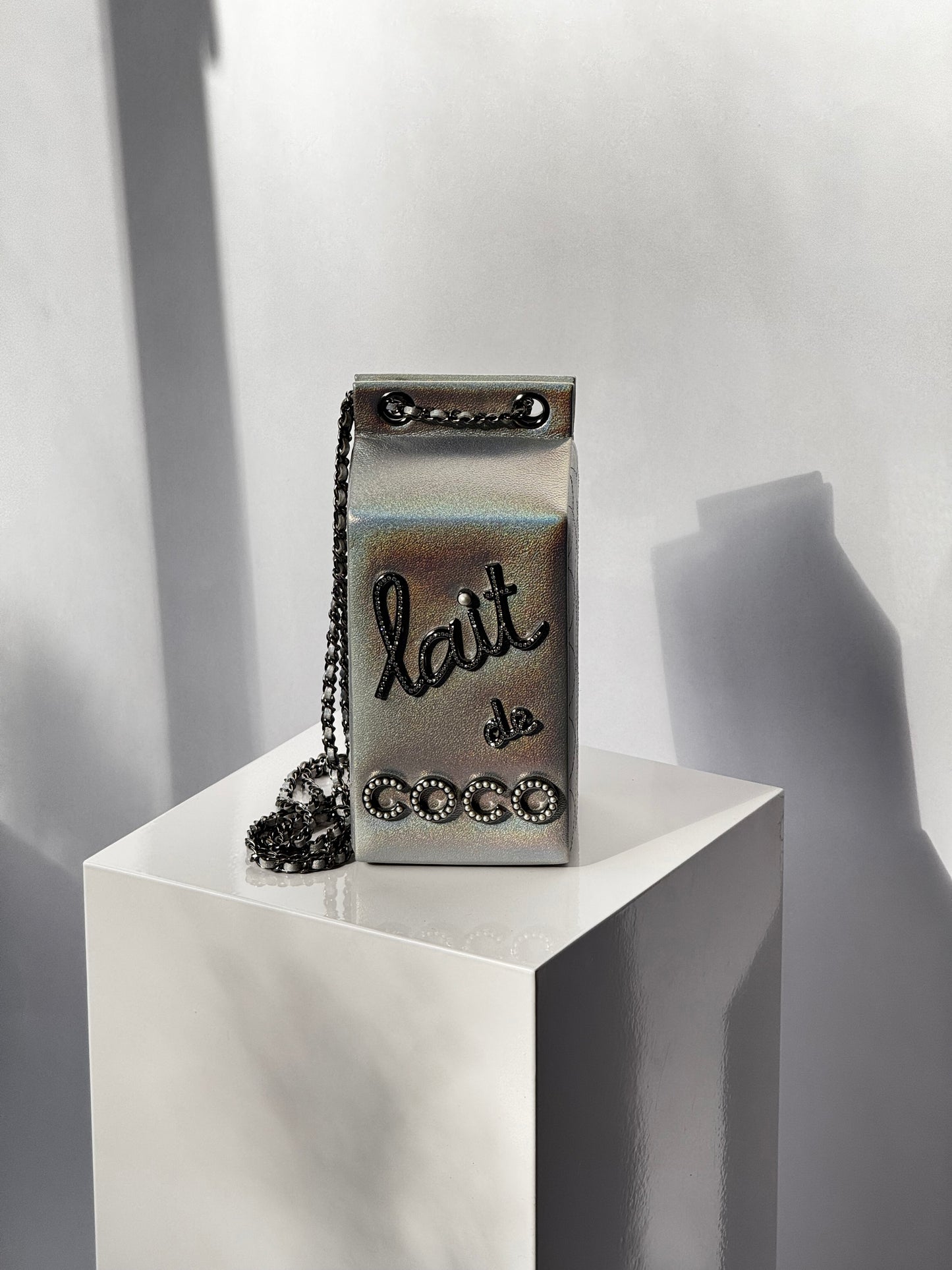 Chanel Runway Iridescent Silver Lambskin Lait De Coco Milk Carton Bag