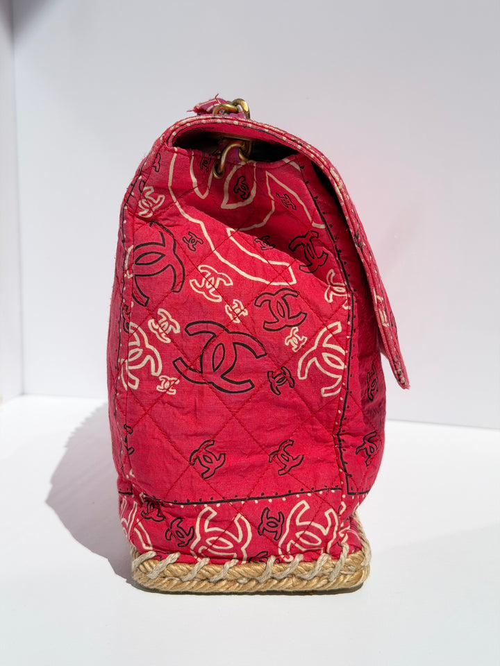 Chanel Vintage Red Bandana Paisley Print Straw Maxi Jumbo Flap Bag 1994