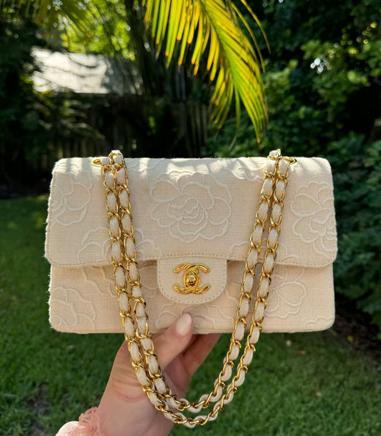 Chanel 1997 Small 24K Ivory Camellia Classic Flap Bag