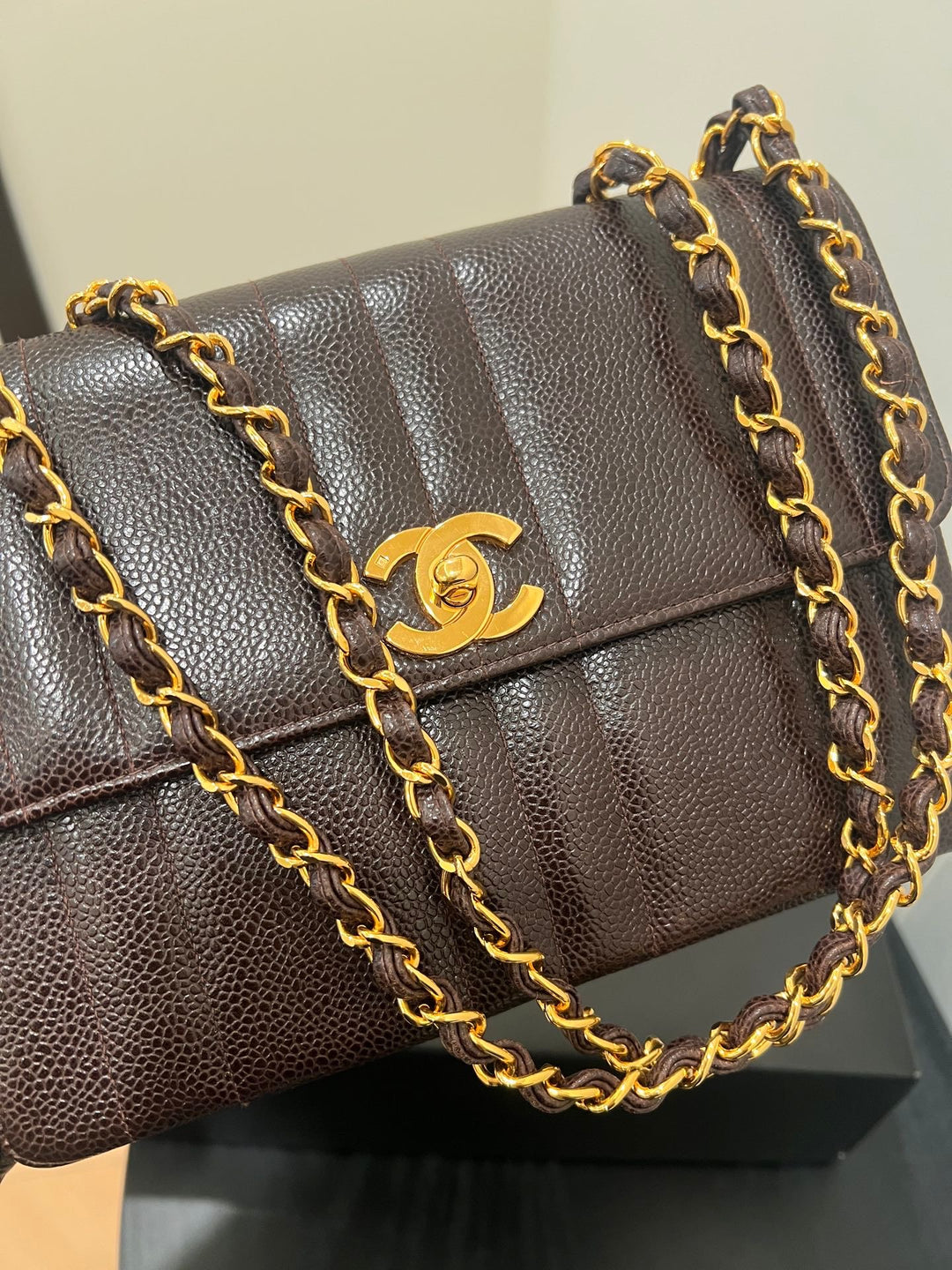 Chanel Mademoiselle Vertical Flap Brown Caviar Gold Hardware 1994
