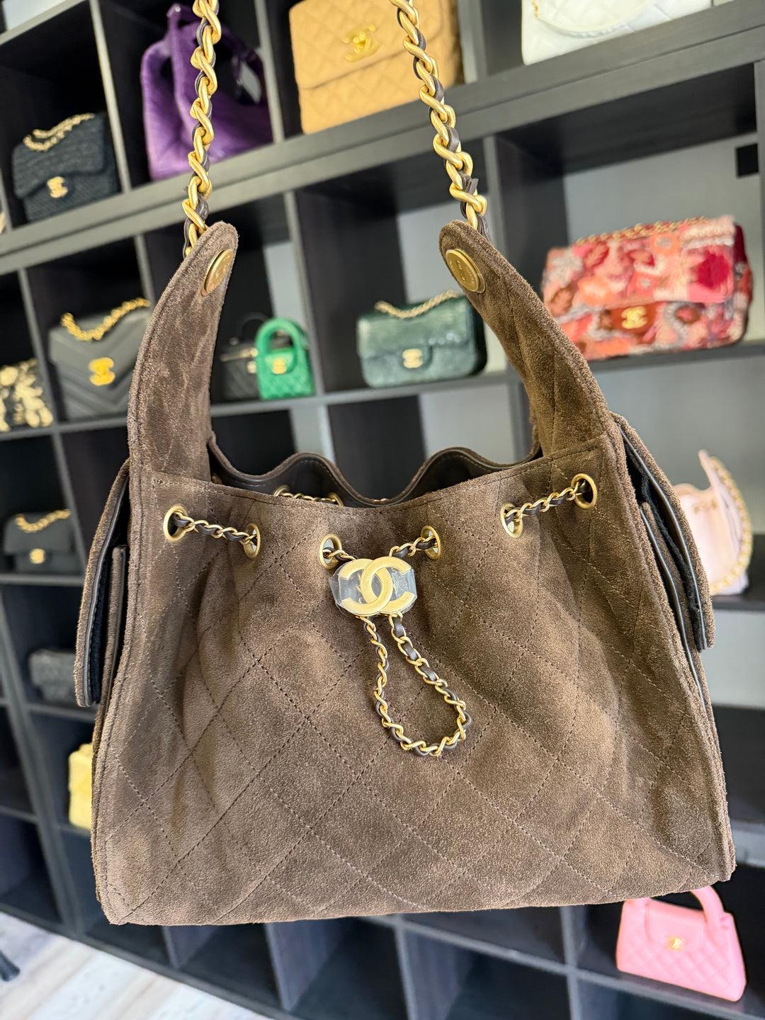 Chanel Small 25 Hobo Bag Brown Suede Antique Gold Hardware