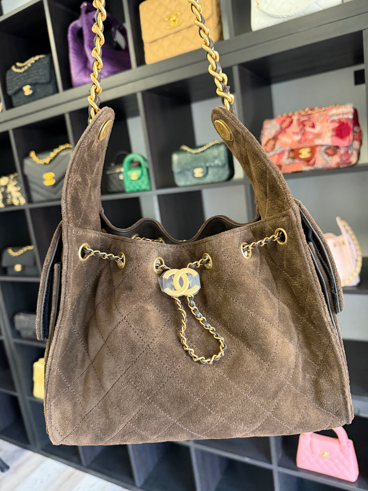 Chanel Small 25 Hobo Bag Brown Suede Antique Gold Hardware