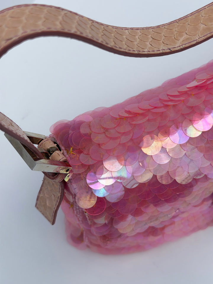 Fendi Pink Sequin Baguette Python Trim Silver Hardware 1998