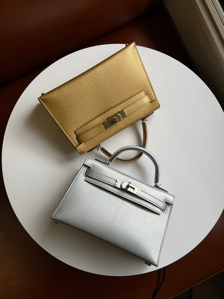 Hermes Mini Sellier Argent Silver Metallic Chevre Chamkilight Kelly 20