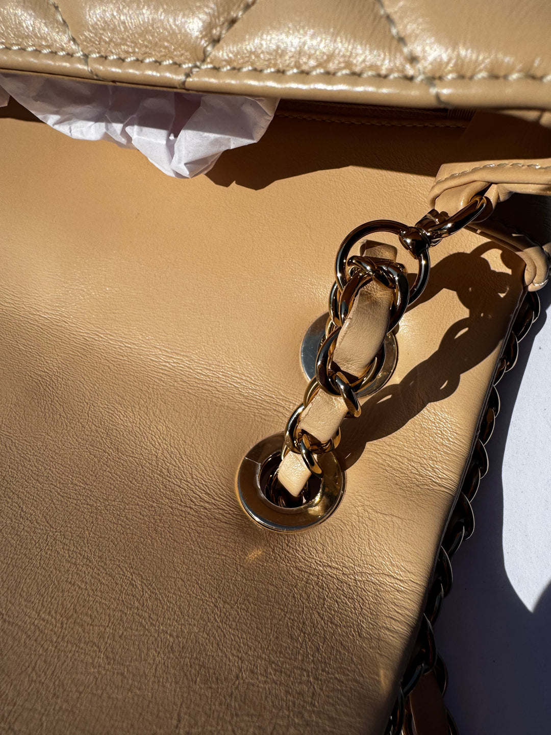Chanel Beige Crumpled Calfskin Medium Chain All Over Flap Bag
