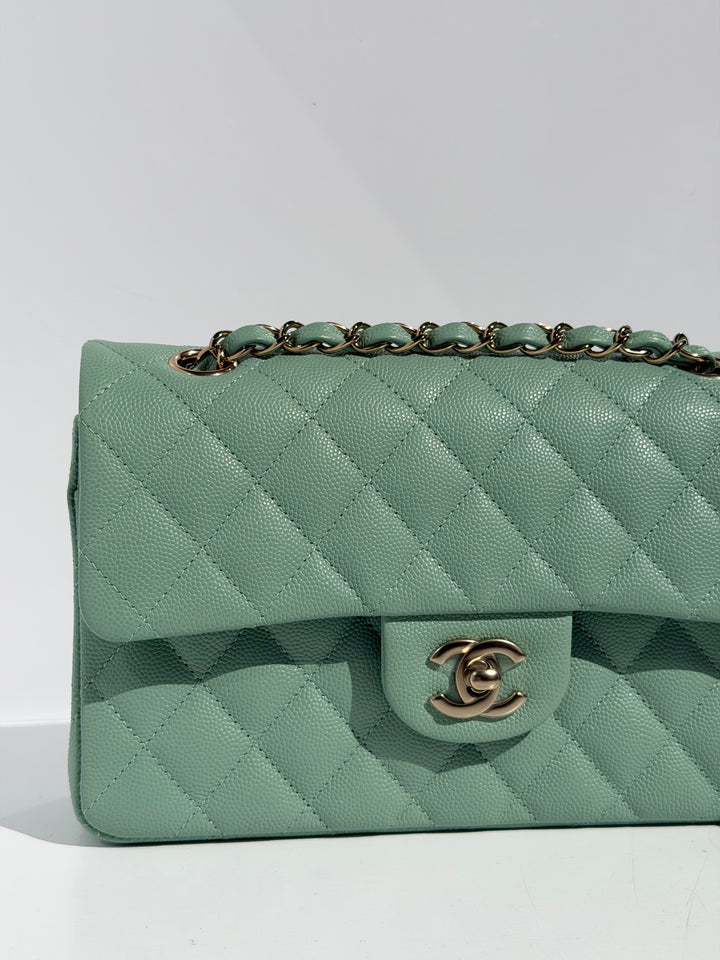 Chanel Small Classic Double Flap Caviar Green Light Gold Hardware 2023