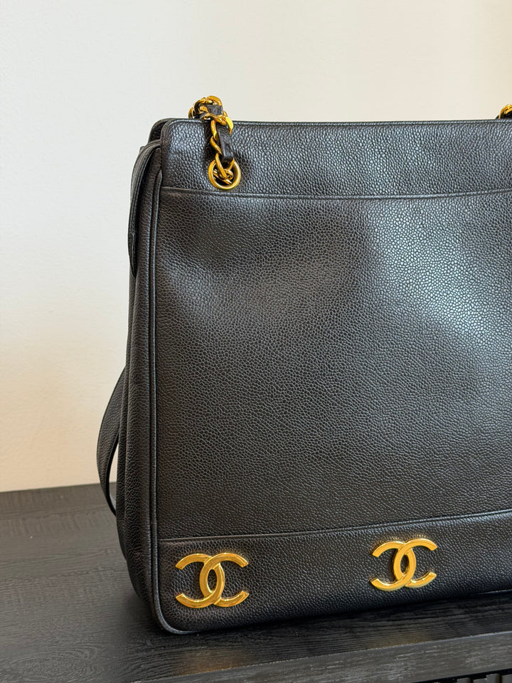 Chanel Black Caviar Triple Coco CC Tote Bag 24K Gold Plated Hardware 1994