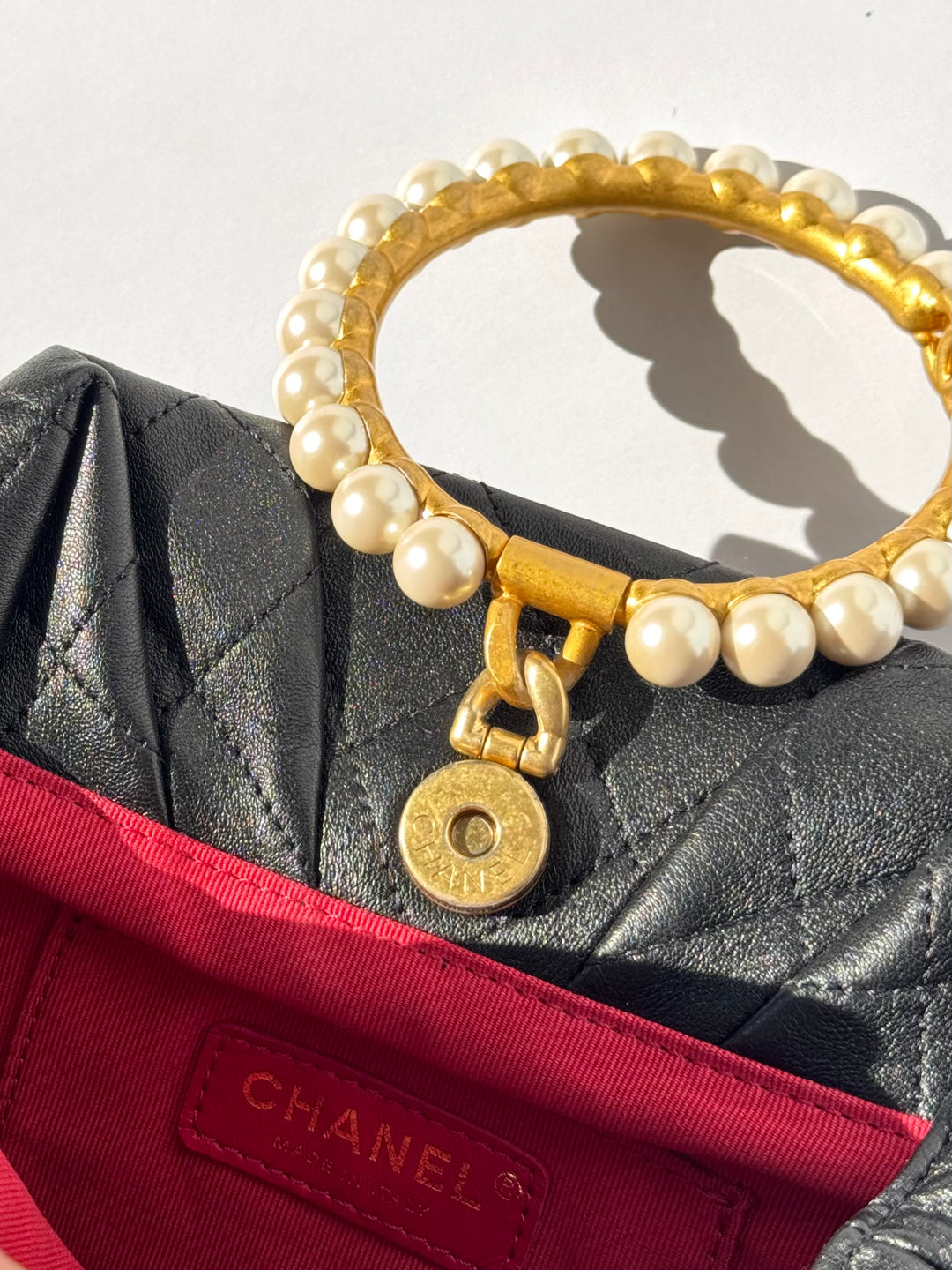 Chanel Black Lambskin Quilted Pearl Clutch