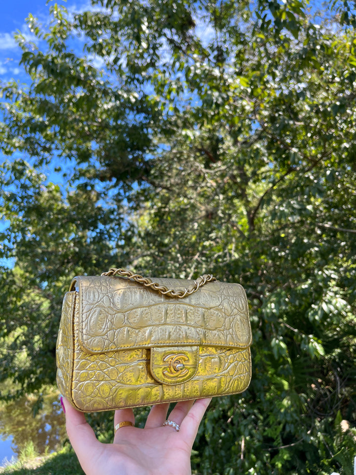 Chanel Gold Croc Embossed Mini Rectangular Flap Bag