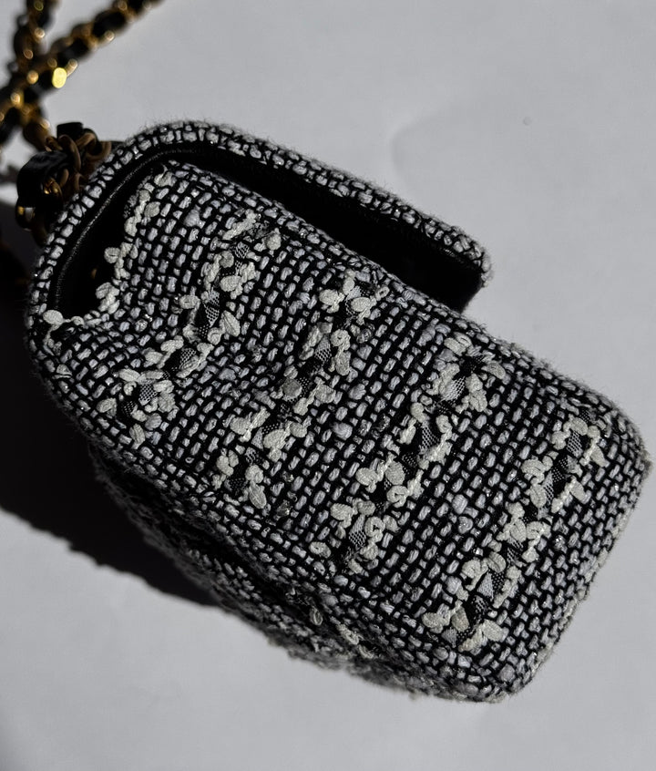 Chanel Black & White Mini Tweed Pearl Flap Bag