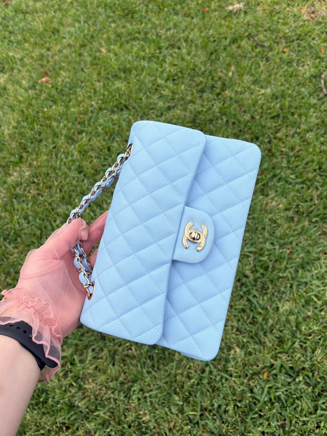 Chanel Small Classic Double Flap Caviar Light Blue Light Gold Hardware 2023