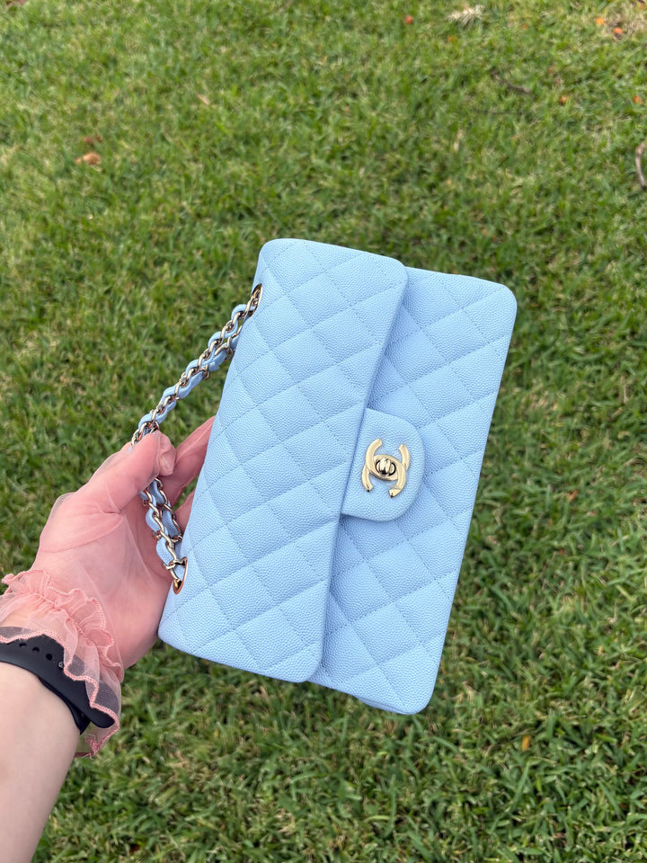 Chanel Small Classic Double Flap Caviar Light Blue Light Gold Hardware 2023