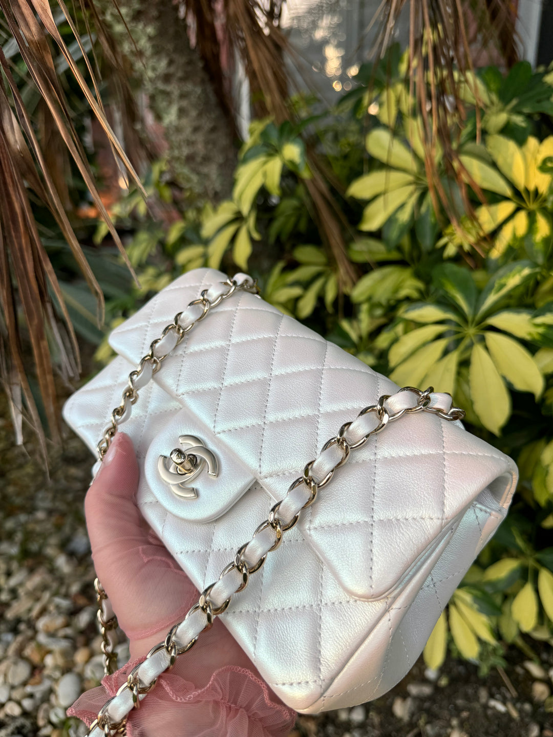 Chanel 21S White Iridescent Calfskin Mini Flap Bag