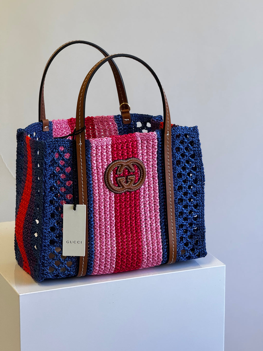 Gucci Interlocking Multicolor Raffia Tote Bag