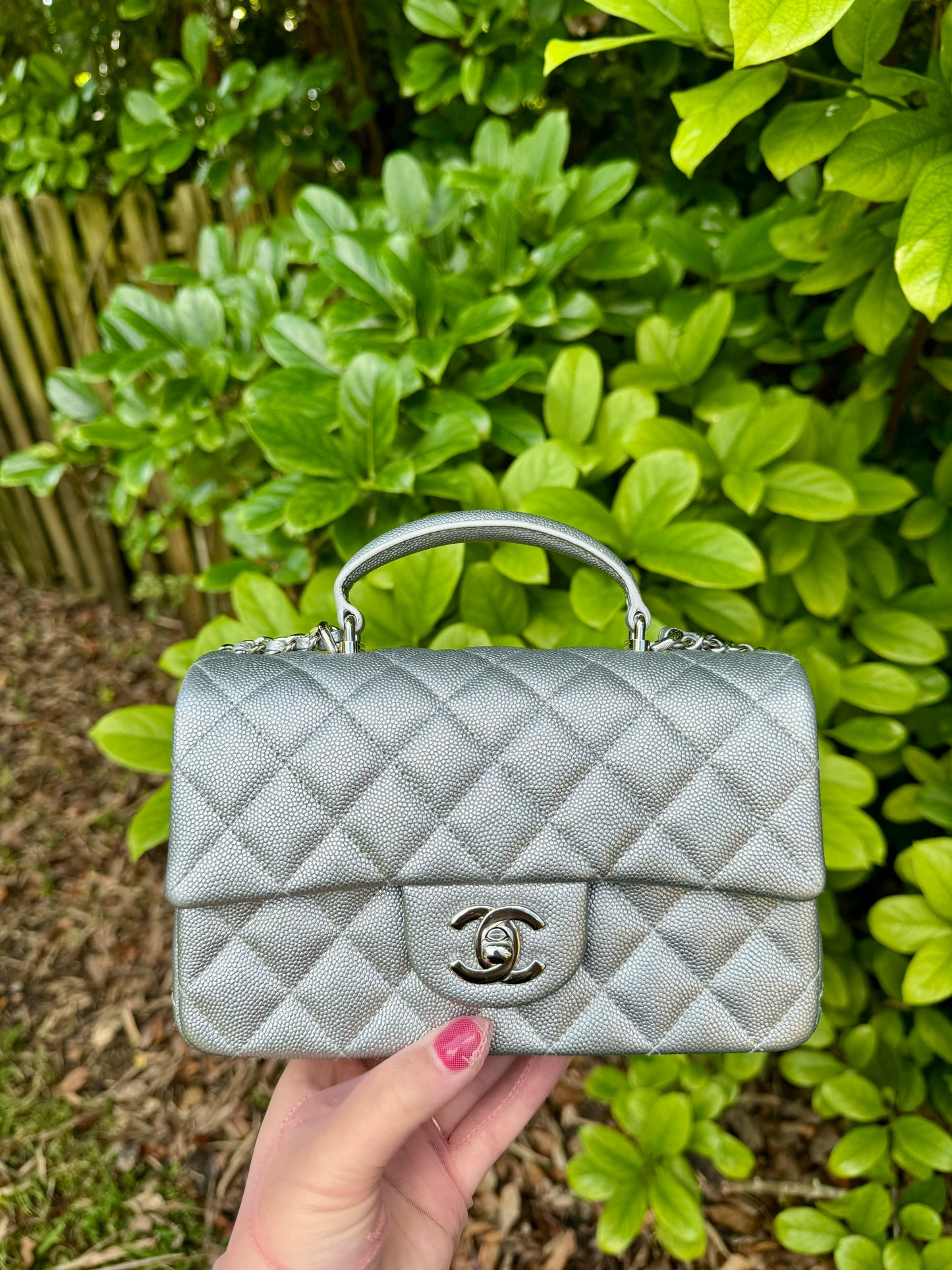 Chanel 21S Mini Metallic Silver Caviar Top Handle