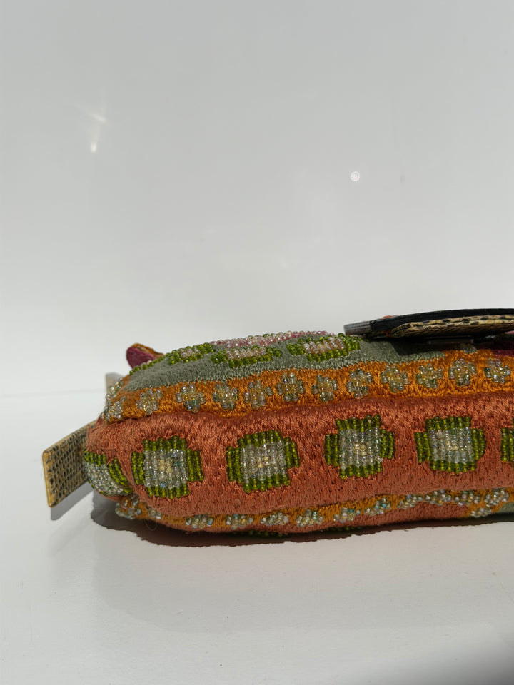 Fendi Multicolor Orange Beaded Baguette Lizard Trim Silver Hardware
