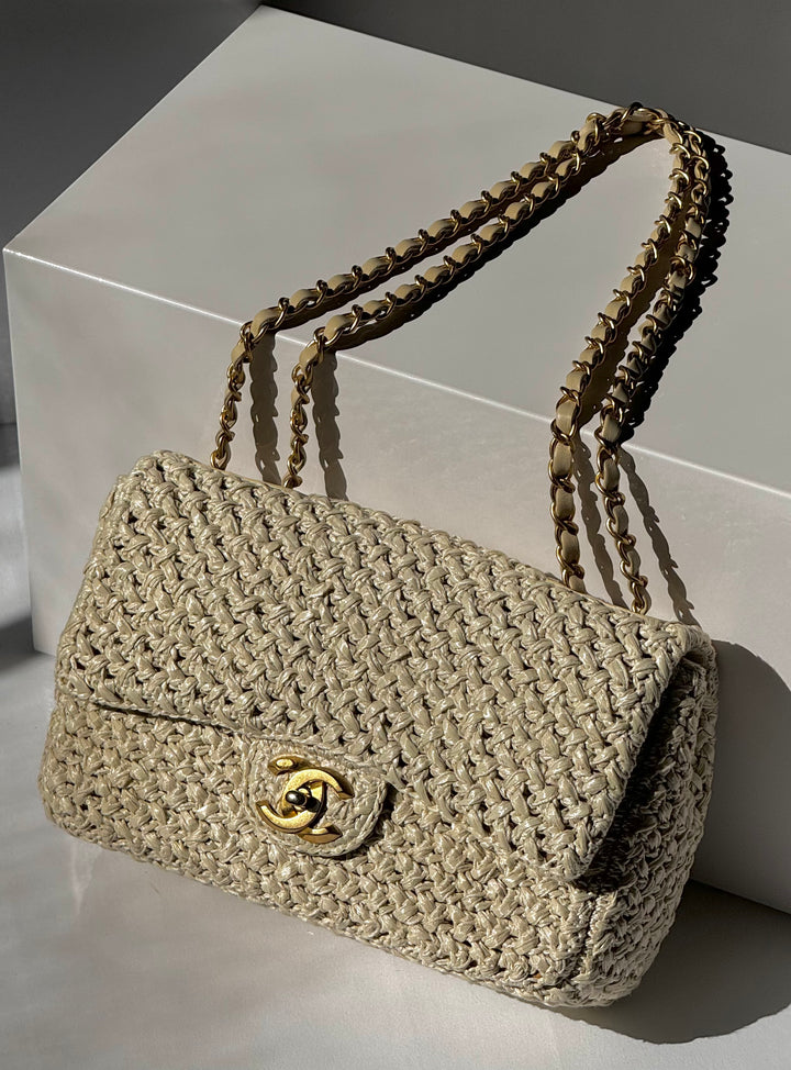 Chanel Raffia Crochet Flap Tan Matte Gold Hardware 18C