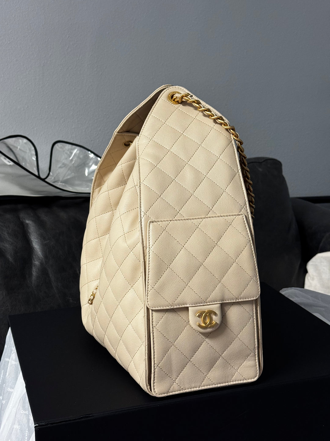 Chanel 25 Light Beige Medium Caviar Hobo Bag