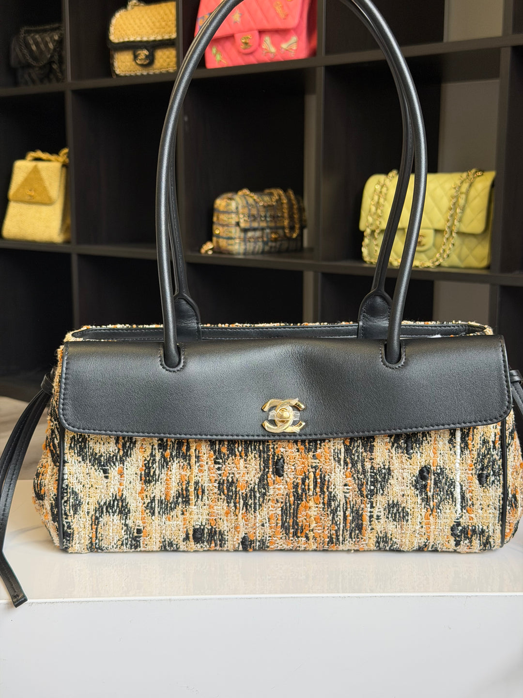 Chanel Small Shopping Bag Brown Black & White Leopard Tweed & Calfskin Gold Tone Hardware 2026