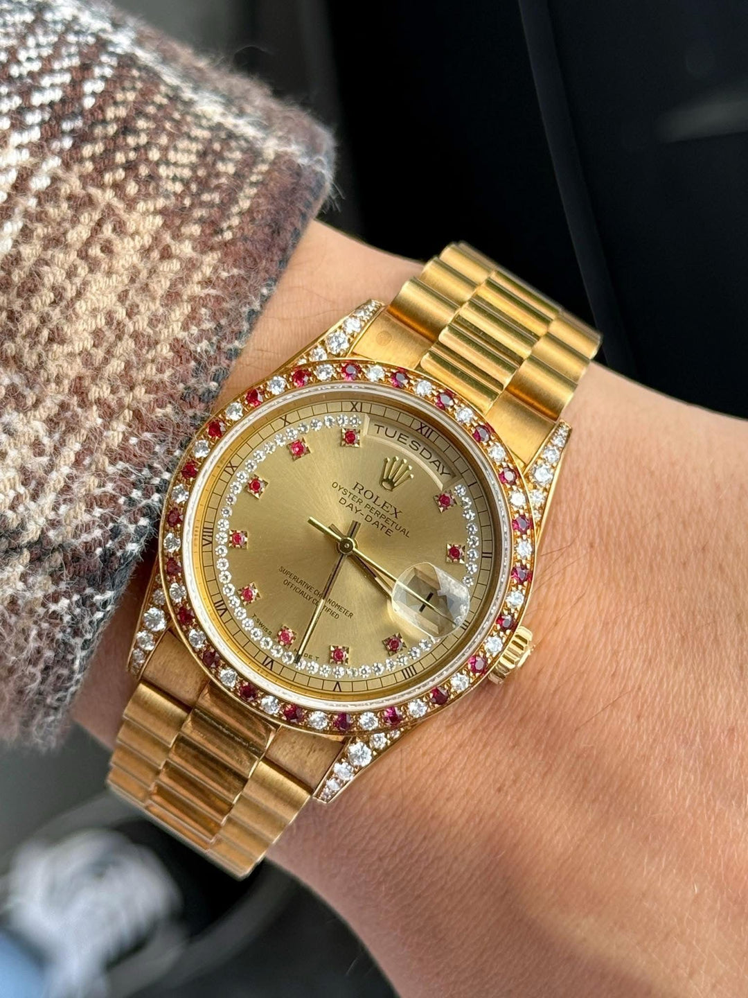 Vintage 1990 Rolex Day-Date 36mm Yellow Gold, Ruby String Dial Diamond Watch
