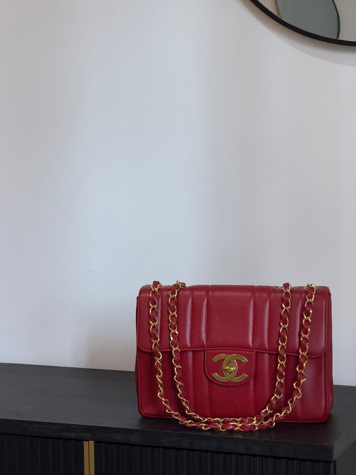 Chanel Vertical Flap Jumbo Red Caviar 24K Gold Plated Hardware 1994