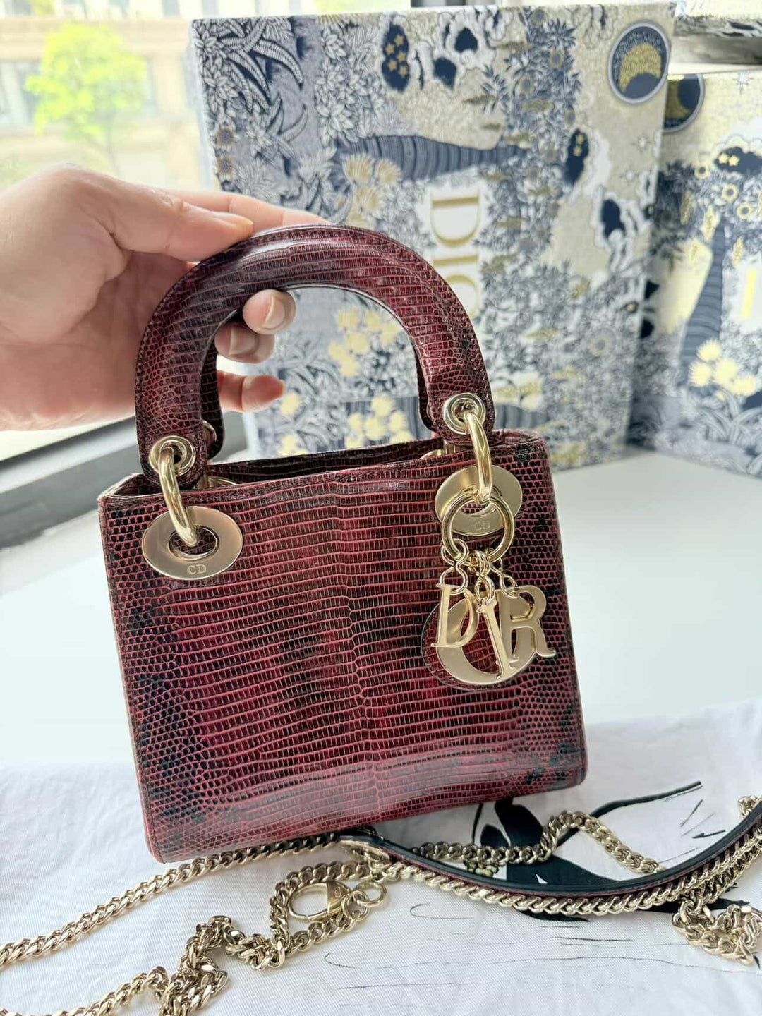 Christian Dior Lady Dior Mini Top Handle Lizard Burgundy Gold Hardware