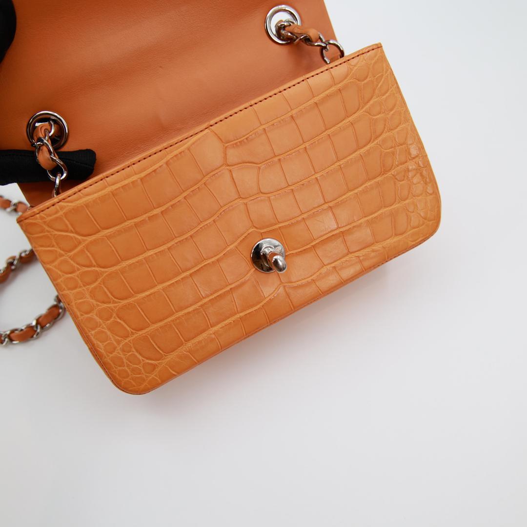 Chanel Orange Matte Croc Mini Flap Silver Hardware 2014