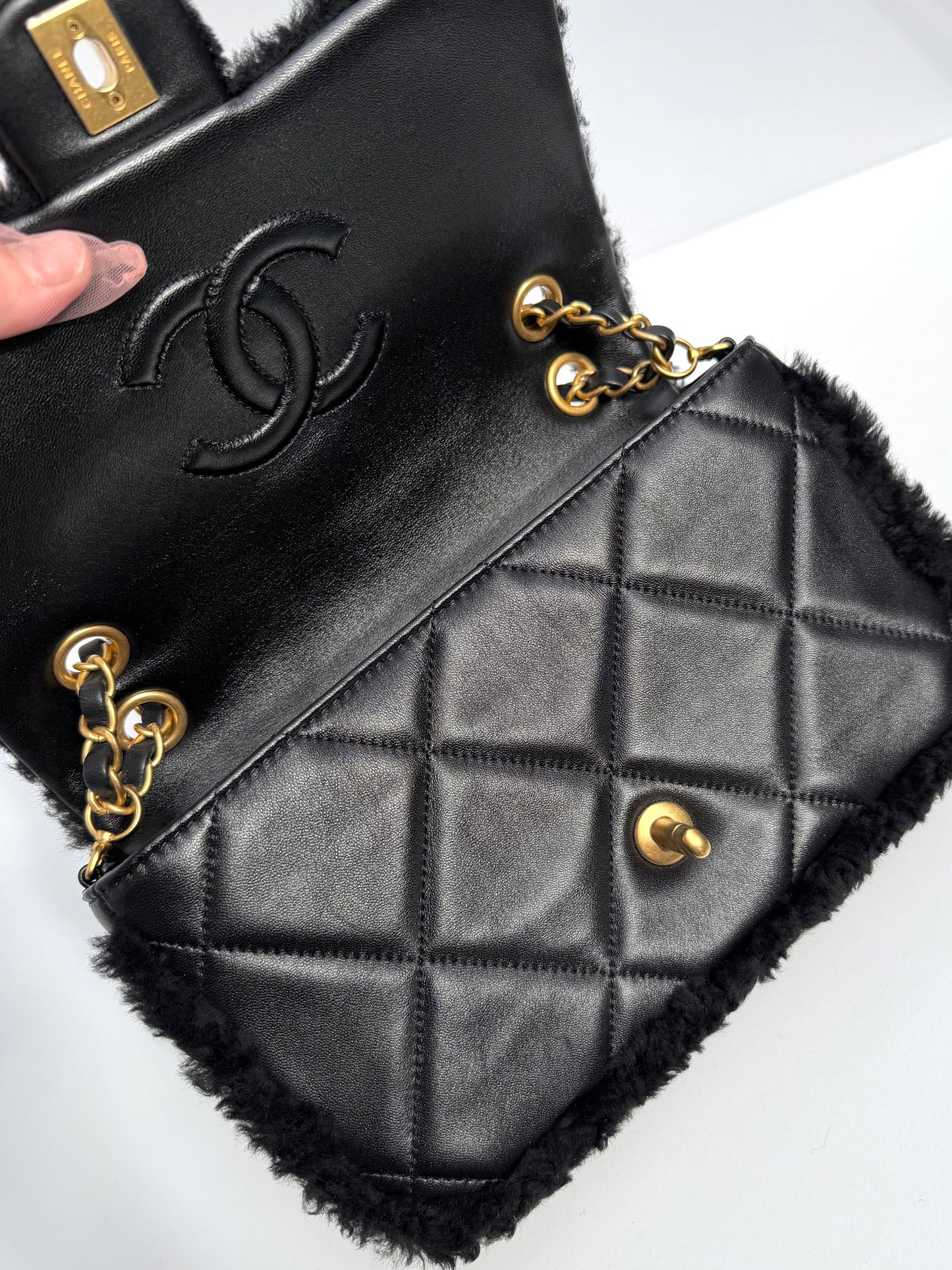 Chanel 24K Black Shearling Medium Flap Bag