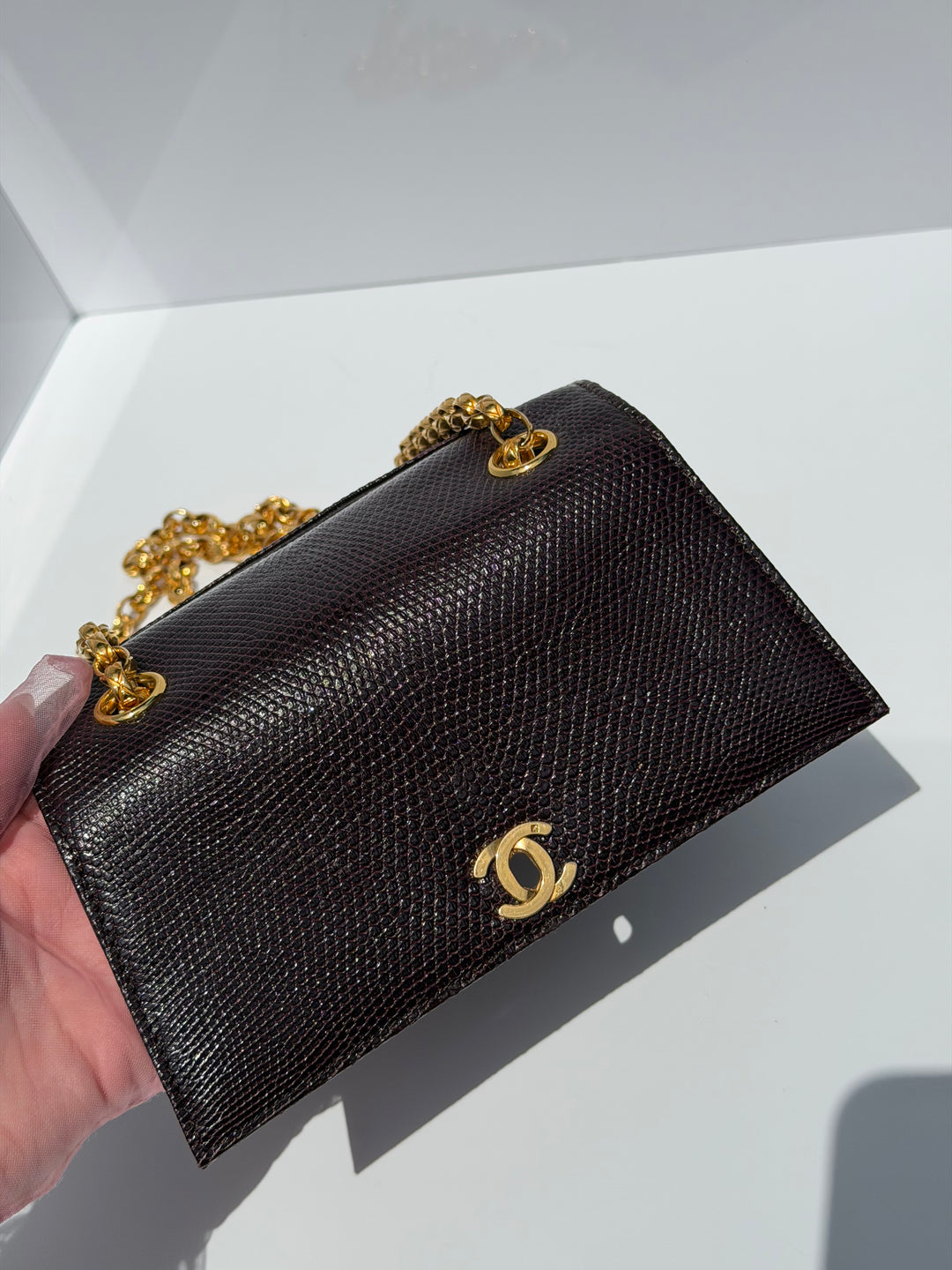 Chanel Small Trapezoid Flap Bag Burgundy Lizard Leather Gold Hardware With Bijoux Chain 1989