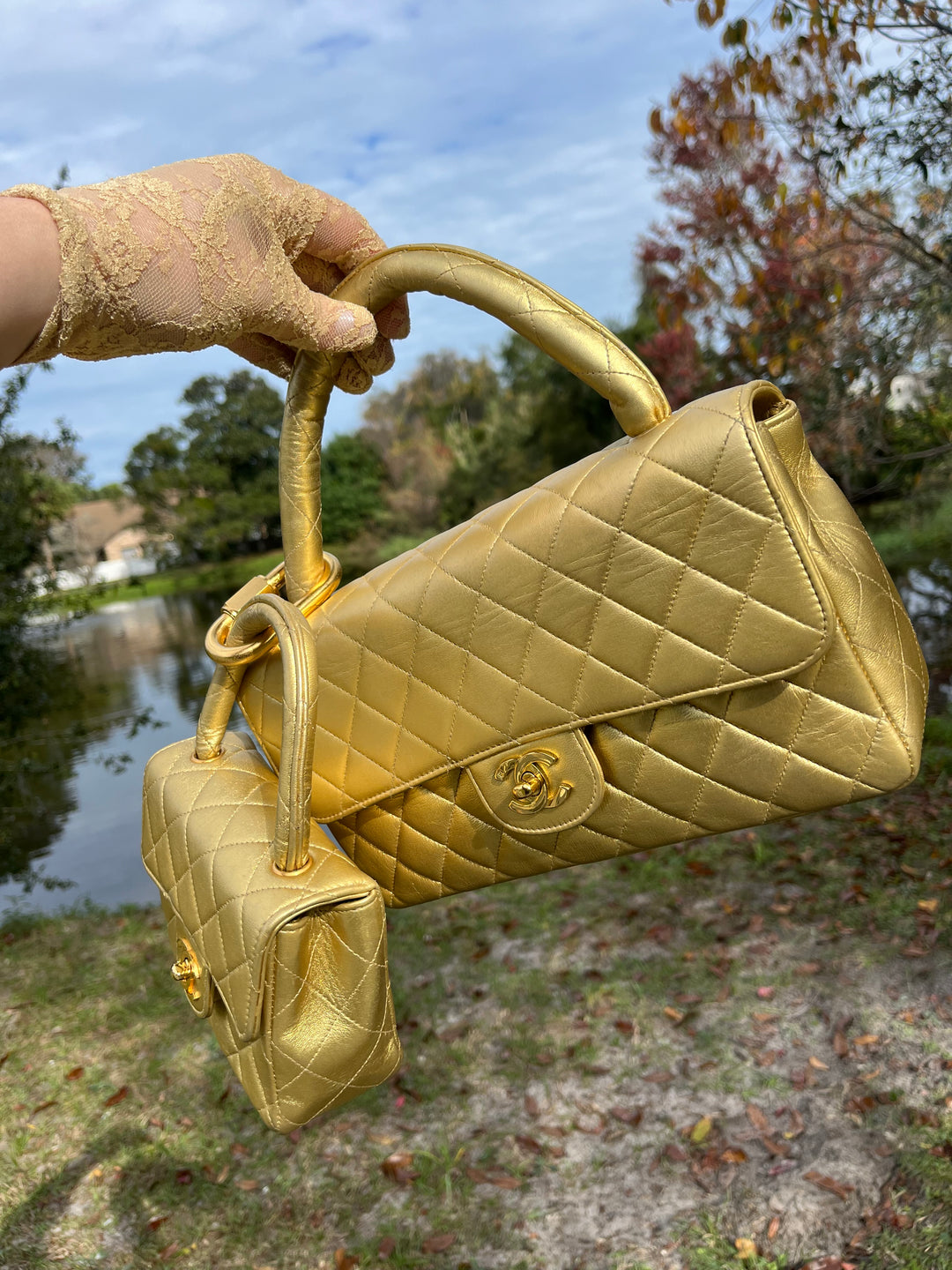 Chanel Vintage Kelly Parent & Child Metallic Lambskin Set