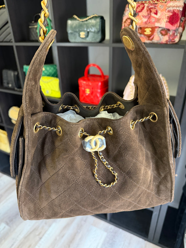 Chanel Small 25 Hobo Bag Brown Suede Antique Gold Hardware
