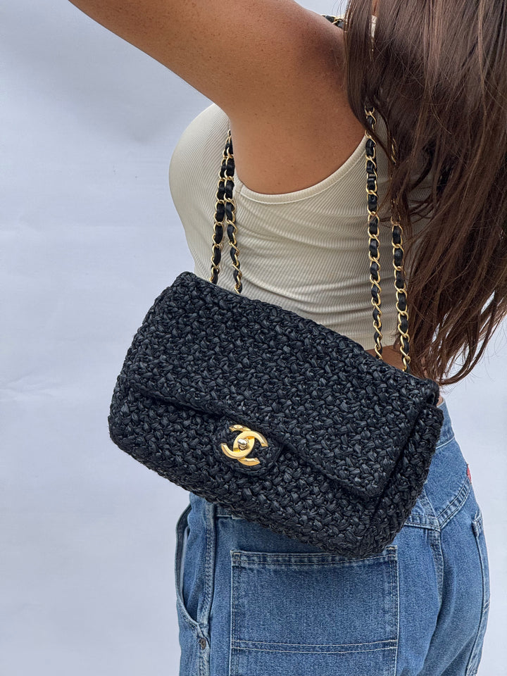 Chanel 18C Black Ancient Greece Raffia Crochet Flap Bag