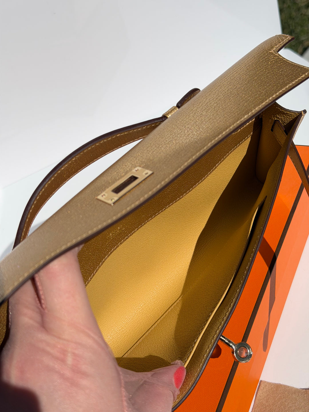 Hermes Kelly Cut Gold Metallic Chevre Dore