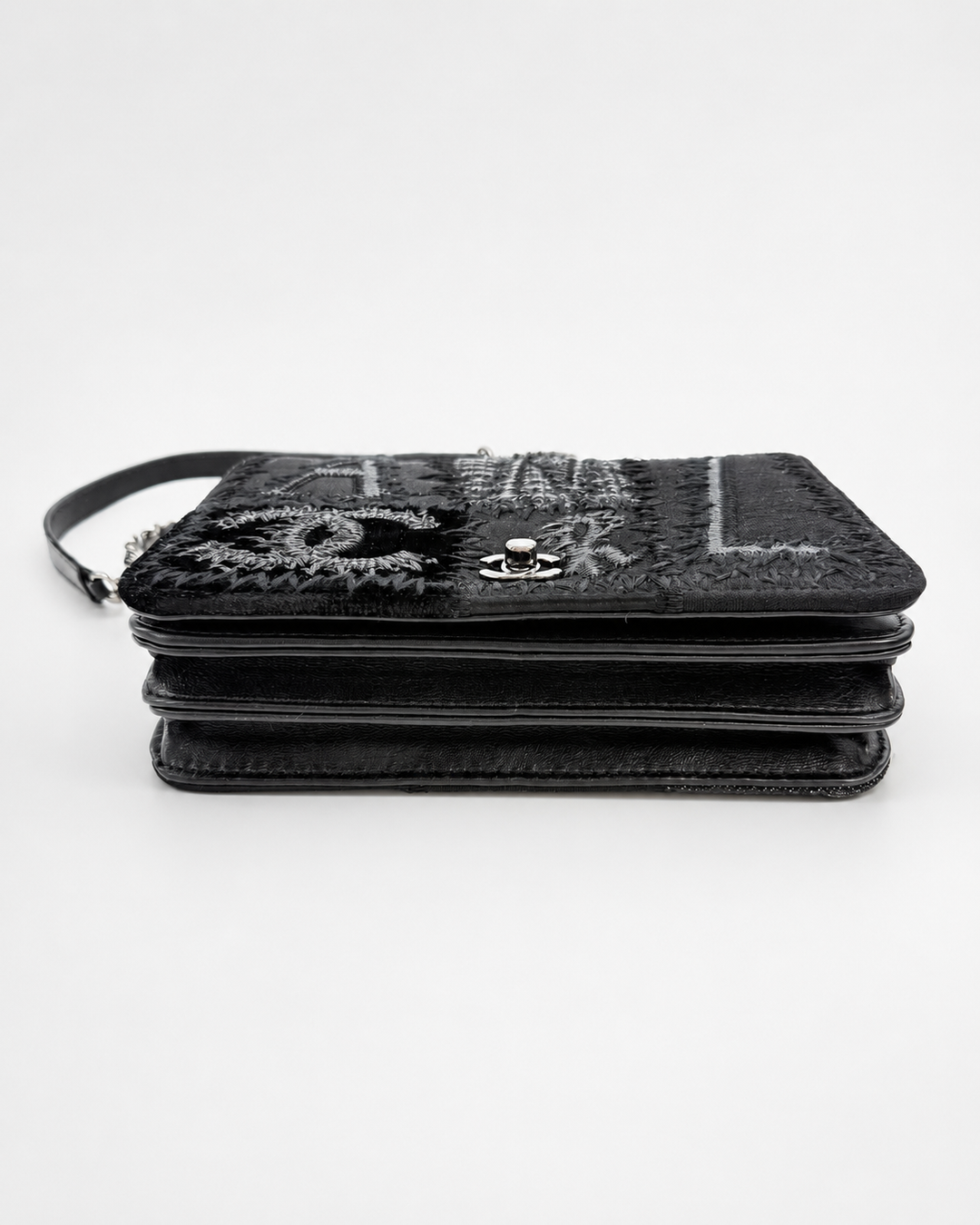 Chanel Black Mixed Media Patchwork Square Wallet on Chain Silver Hardware 2018