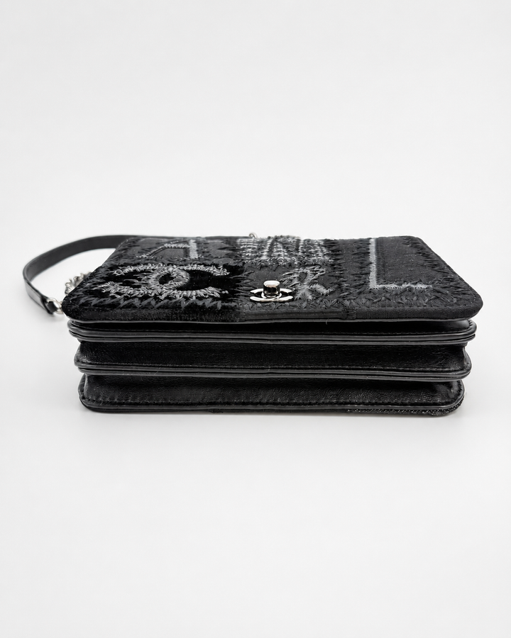 Chanel Black Mixed Media Patchwork Square Wallet on Chain Silver Hardware 2018