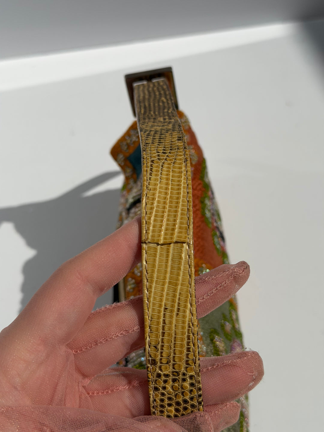 Fendi Multicolor Orange Beaded Baguette Lizard Trim Silver Hardware