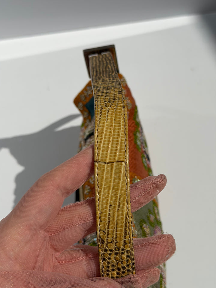 Fendi Multicolor Orange Beaded Baguette Lizard Trim Silver Hardware