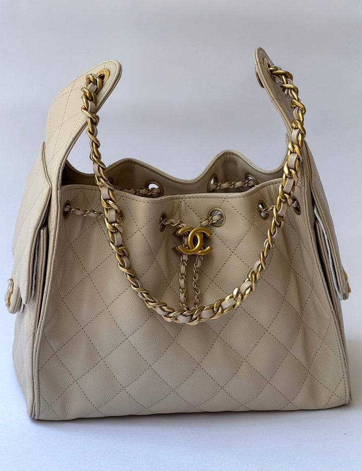 Chanel 25 Beige Small Caviar Hobo Bag