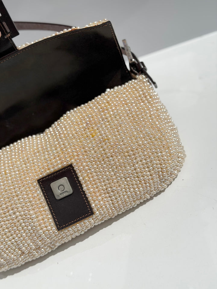 Fendi Pearl Embellished Baguette Brown Leather Trim Silver Hardware 2009