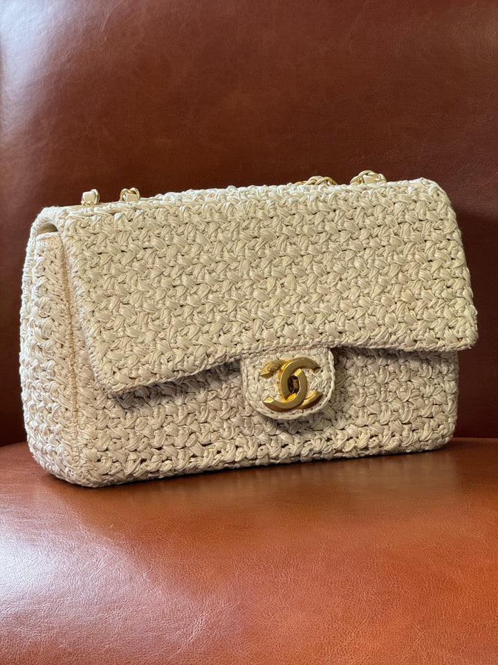 Chanel Raffia Crochet Flap Tan Matte Gold Hardware 18C
