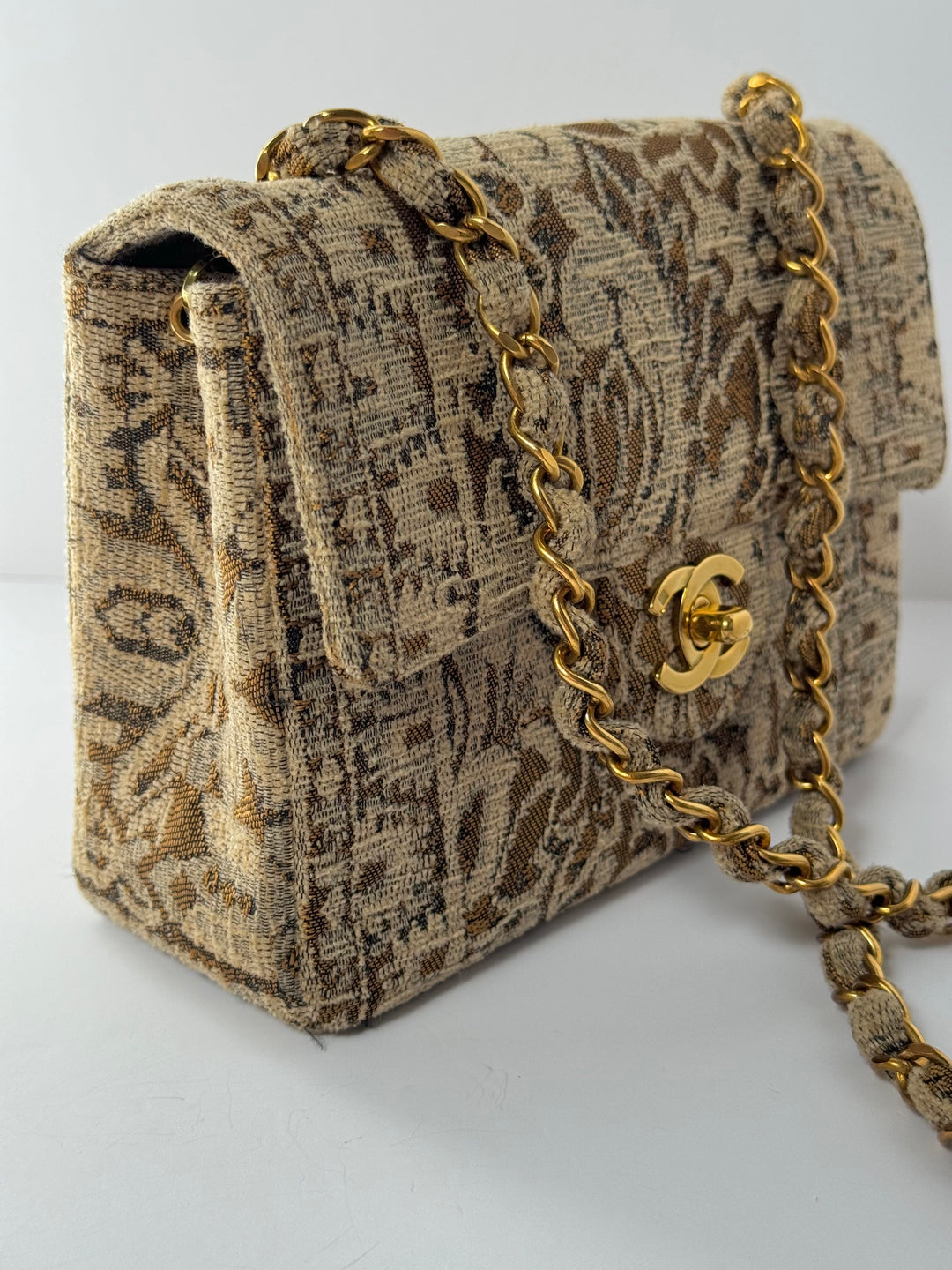 Chanel 1991 Bronze Metallic Brocade Vintage Mini Square Flap Bag