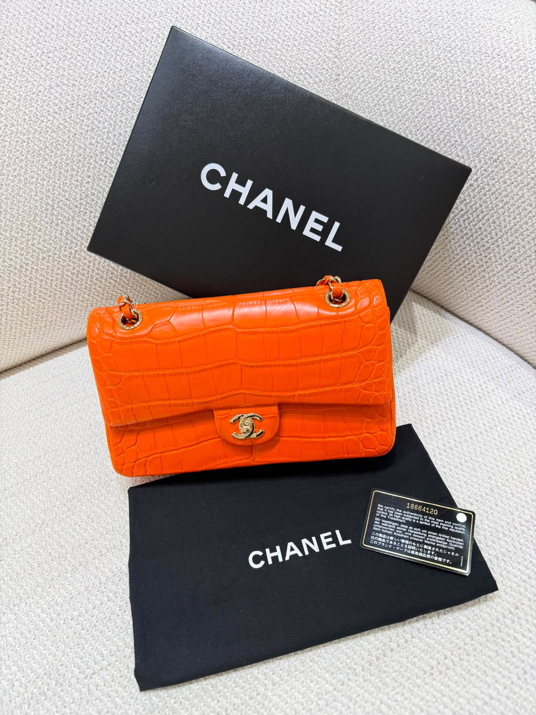 Chanel Medium Classic Flap Bag Matte Alligator Orange Light Gold Hardware 2013