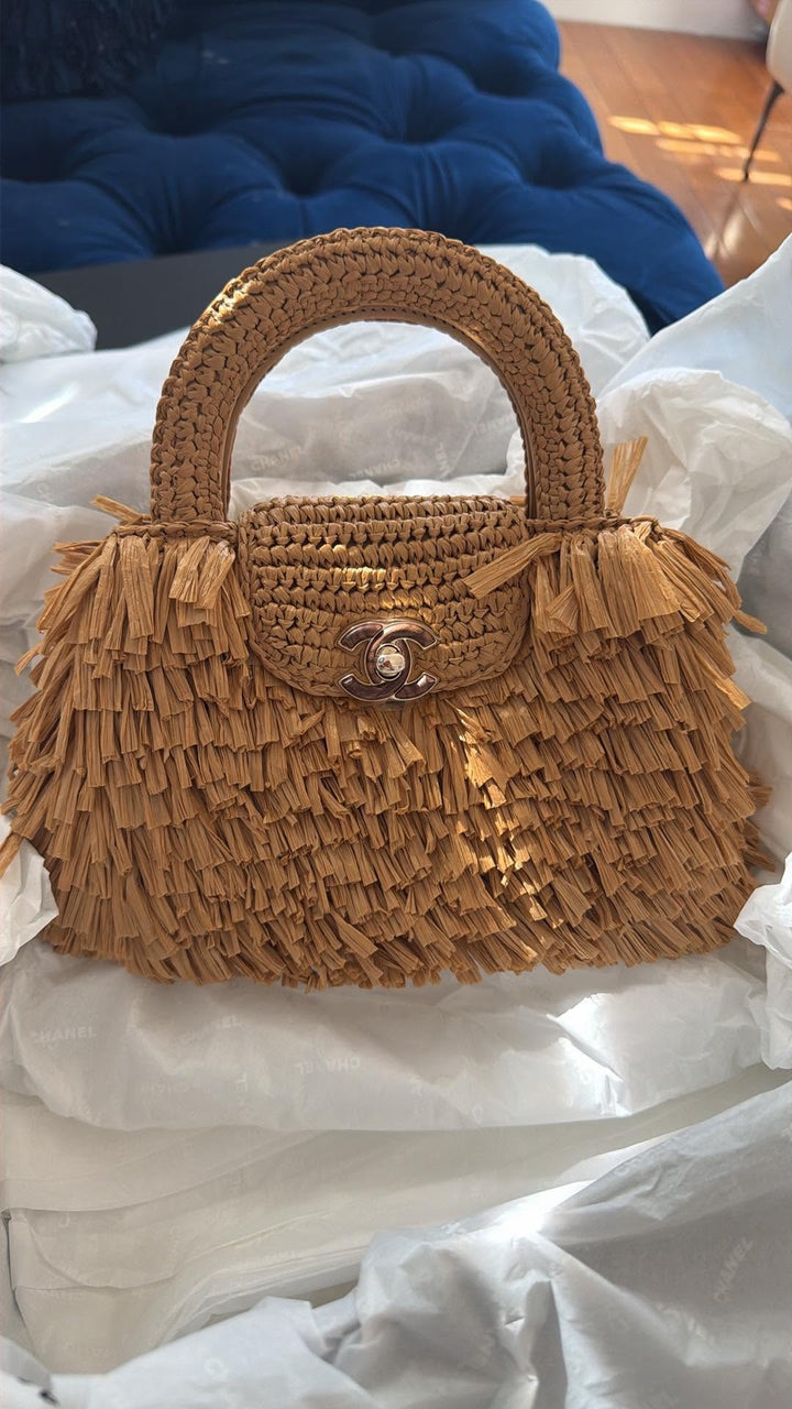 Chanel Mini Kelly Bag Dark Beige Raffia-Effect Fabric Fringe Gold Tone Hardware 2026