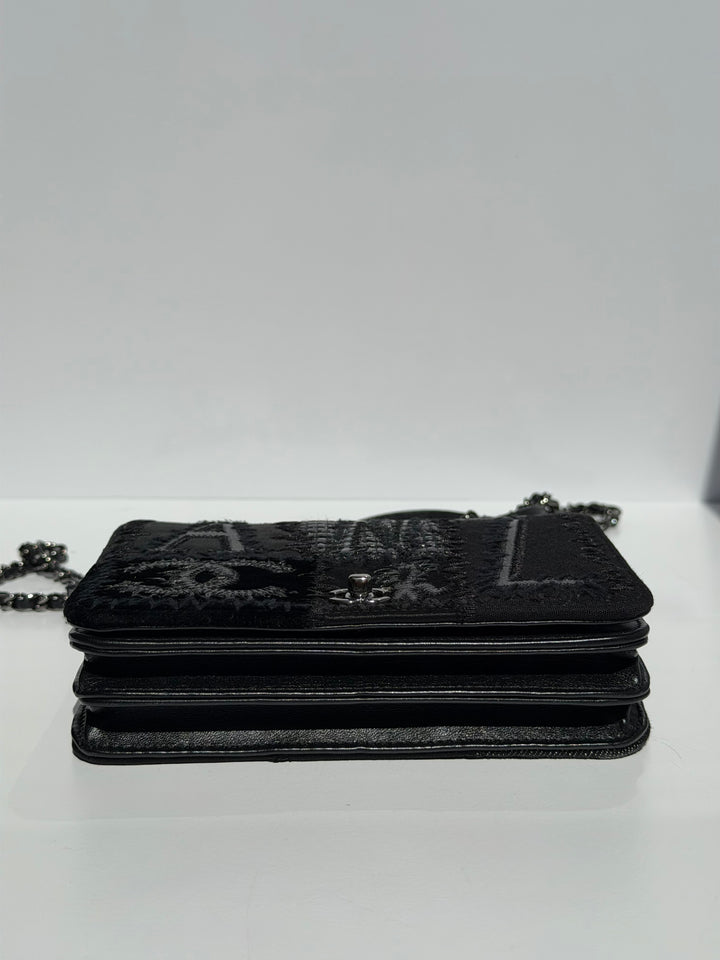 Chanel Black Mixed Media Patchwork Square Wallet on Chain Silver Hardware 2018