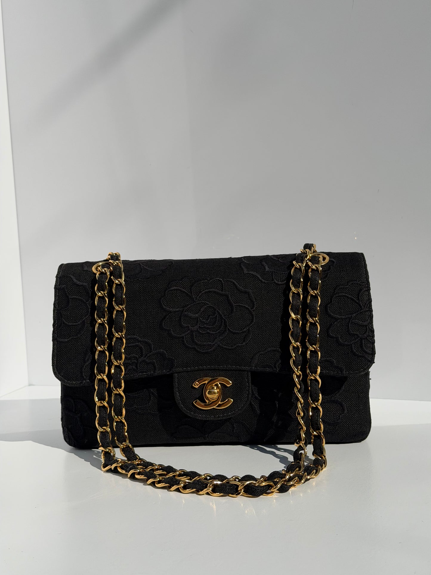 Chanel 1997 Small 24K Black Camellia Classic Flap Bag