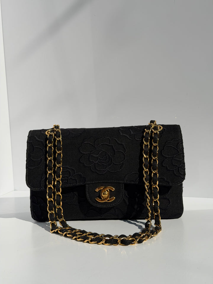 Chanel 1997 Small 24K Black Camellia Classic Flap Bag