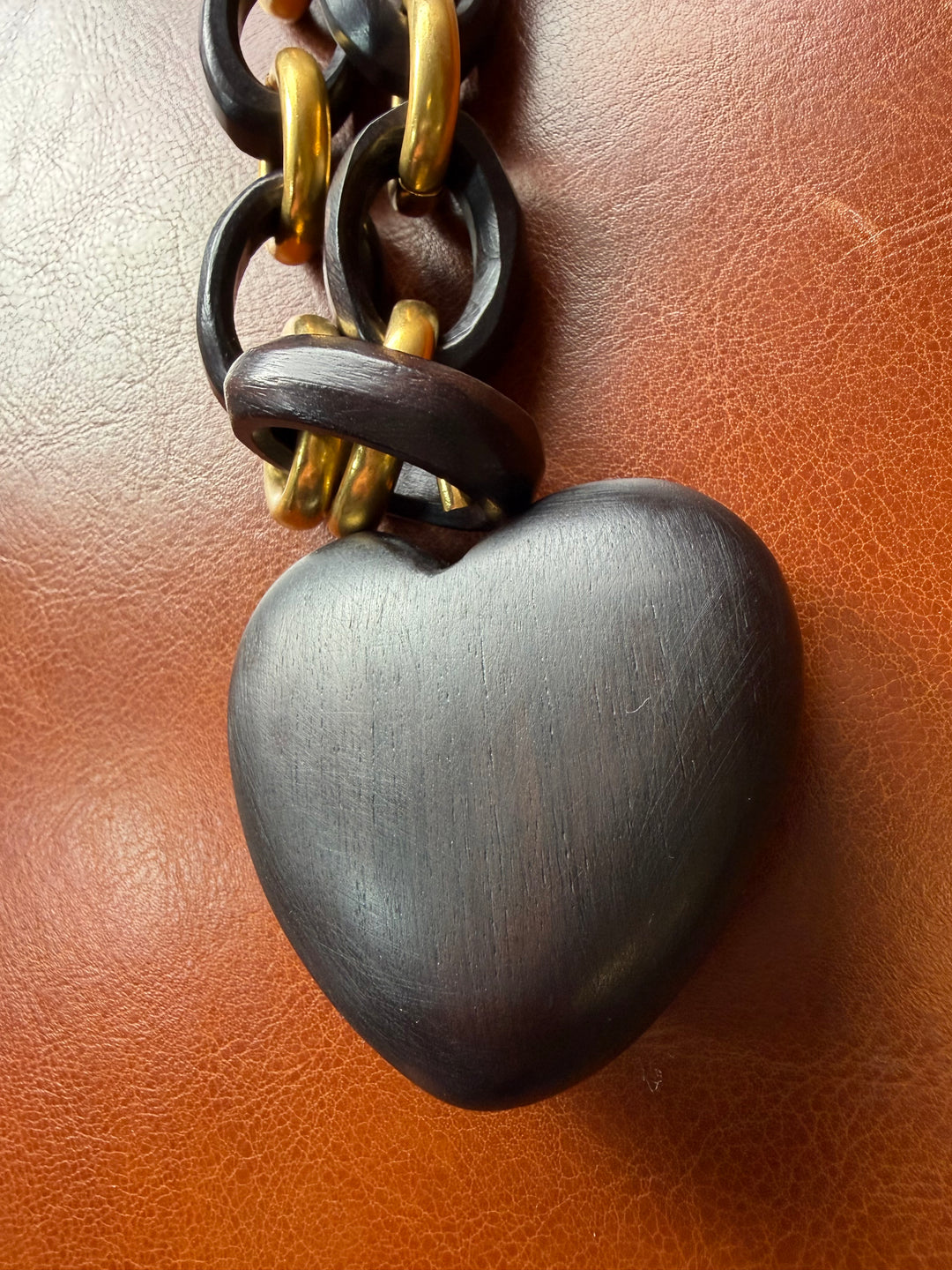 Chanel Vintage Wood Heart CC Pendant Necklace 1993