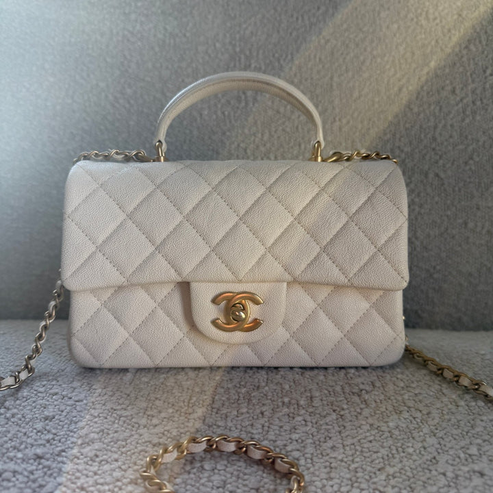 Chanel Mini Top Handle Flap Ivory Caviar Matte Gold Hardware 2021