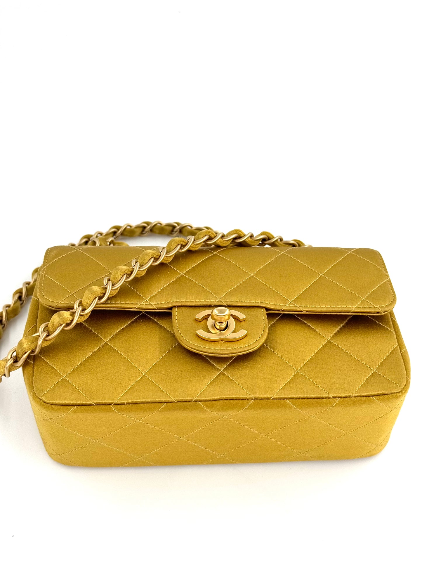 Chanel Gold Satin Mini Rectangle Flap