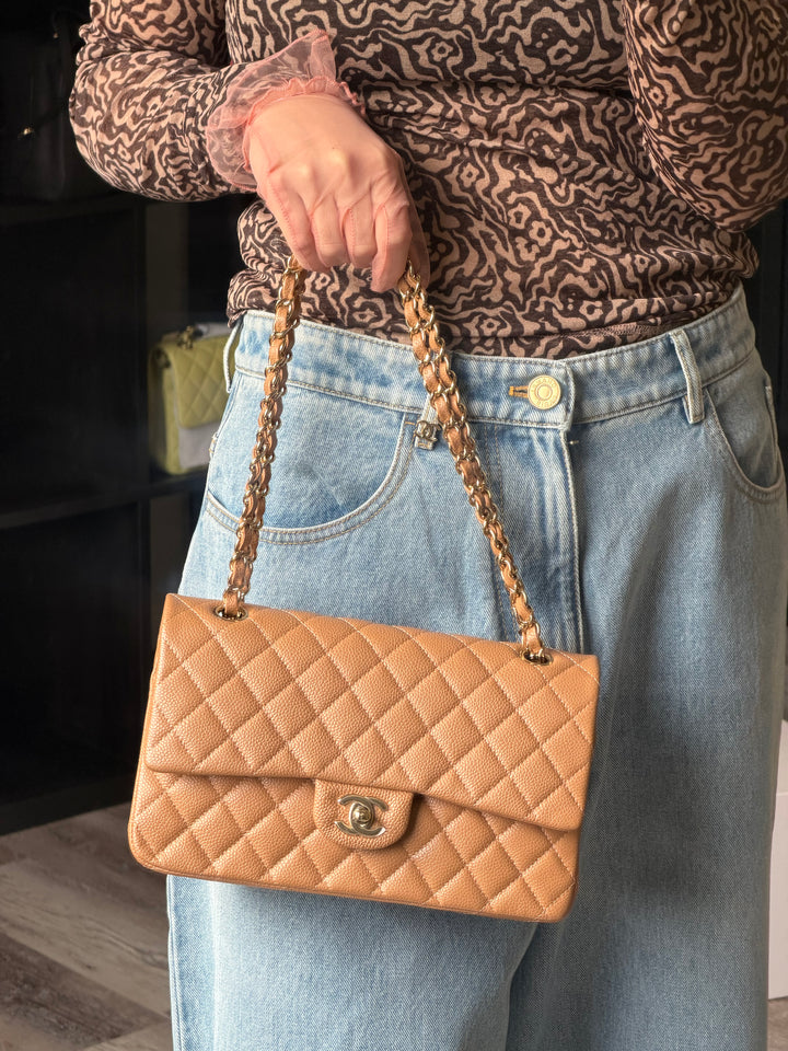 Chanel Medium Classic Flap Bag Dark Beige Caviar Gold Tone Hardware 2018